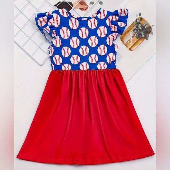 NWT Toddler Girls Blue Red Baseball Dress - Size 3/4 - Picture 2 of 3